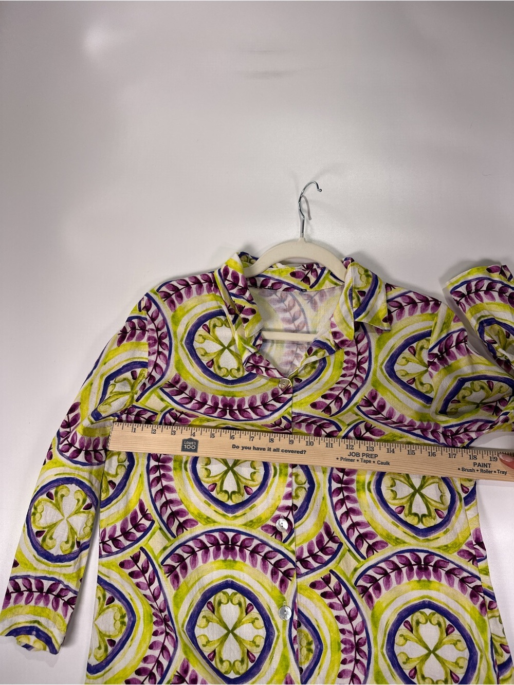 Made In Italy Shirt Dress Linen Medallion Print Green Purple Size 10 - Picture 10 of 10